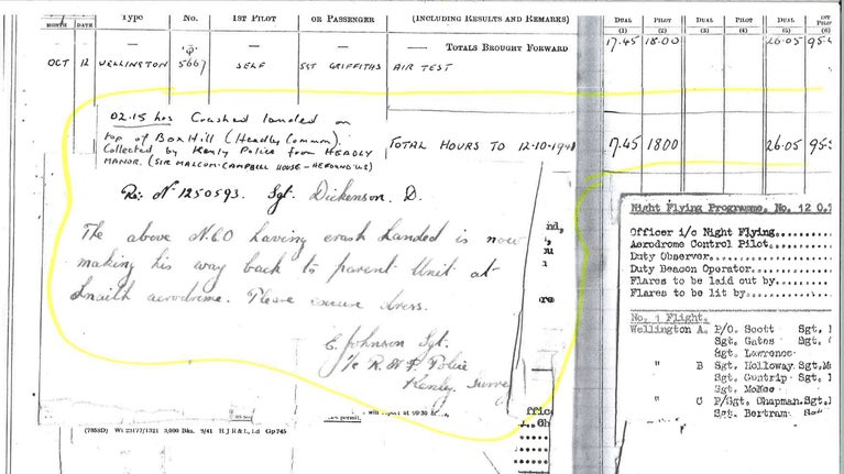 The pilot's entry on the log book from the Vickers Wellington bomber